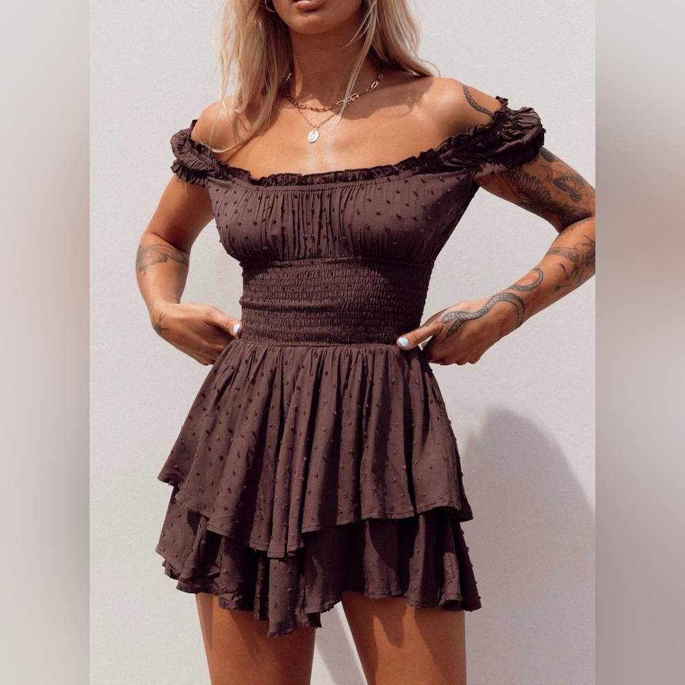 Princess Polly One-Shoulder Brown Ruffled Mini Dress